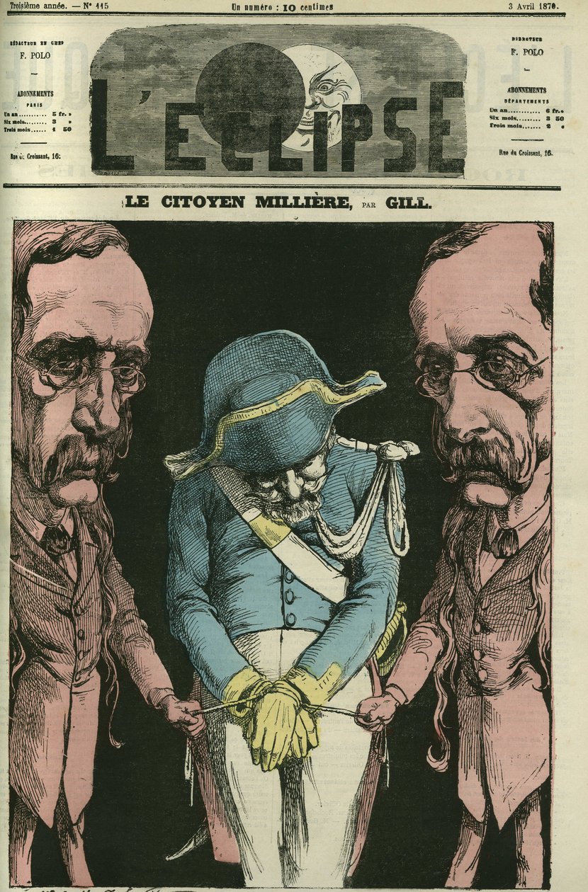Borgeren Milliere med henvisning til Alexandre Dumas, Gill repræsenterer ham med sine hænder. Cover i "" L