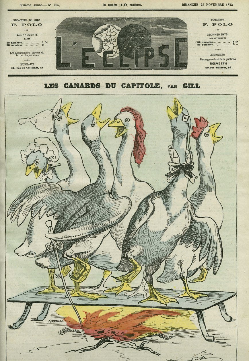 Capitolens ænder, karikatur af aviserne “La Patrie”, “Le Constitutionnel”, “Le Pays”, “Le Figaro”, “L