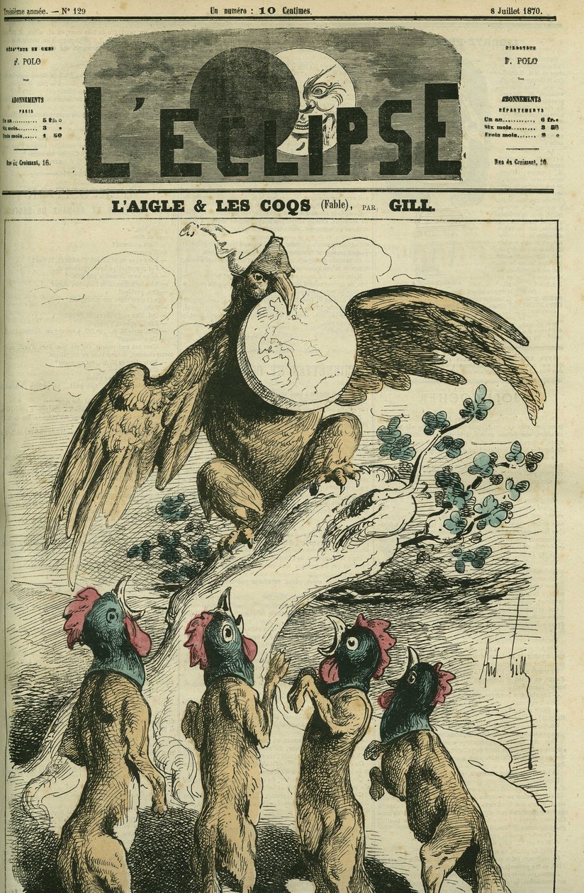 Ørnen og hanerne, ifølge fabelen, holder Napoleonørnen Frankrig i næbbet klar til at frigive det til ræve med et hanehoved. Cover i "" L