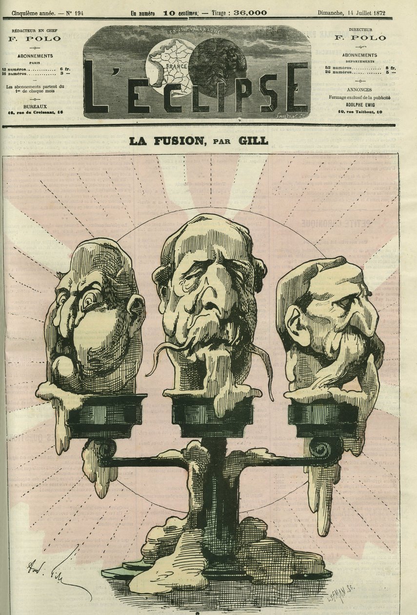 Fusionen, en illustration af forfatningen af forsamlingen, med royalister, bonapartister og republikanere. Cover i "" L