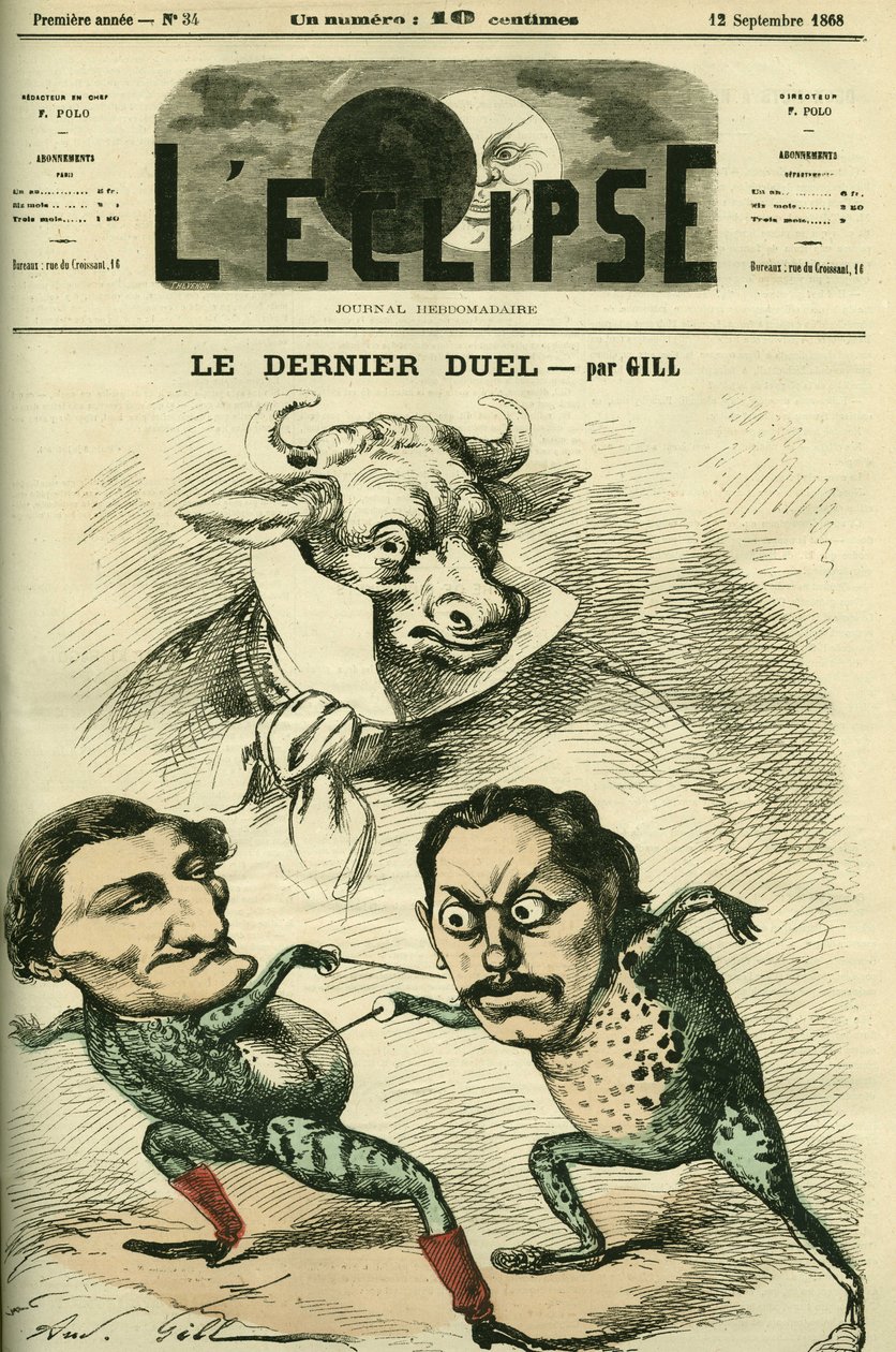 Den sidste duel, Prospero-Olivier frøer (Prosper Olivier) Lissagaray (1838-1901) og Paul Granier de Cassagnac (1842-1904), der ville være så store som oksekød, repræsenterende Alfred de Musset og Victor Hugo. Cover i "" L