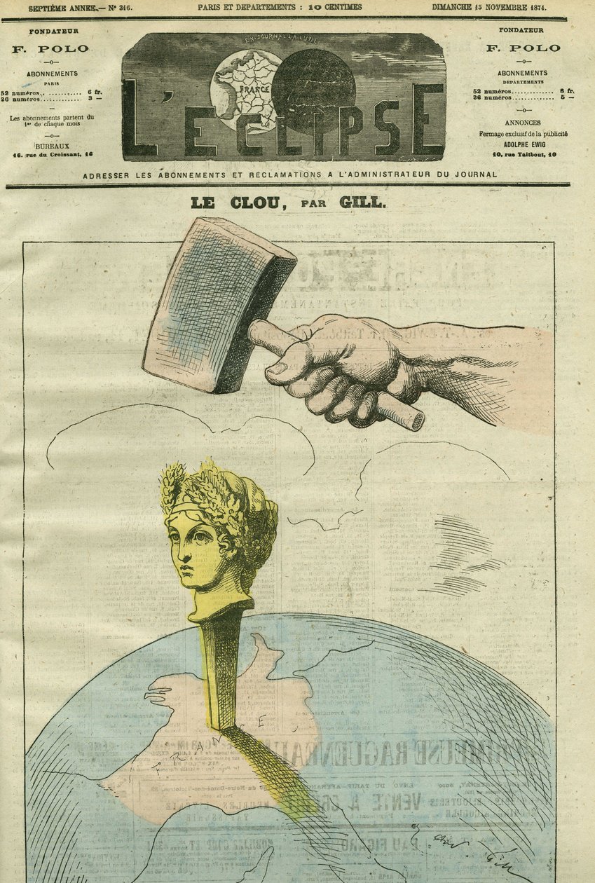 Neglen, en tegneserie om republikken, der illustrerer et citat af Alexandre Dumas Fils: "Meninger er som søm. Jo mere du rammer dem, jo mere slår du dem."" Cover i "" L