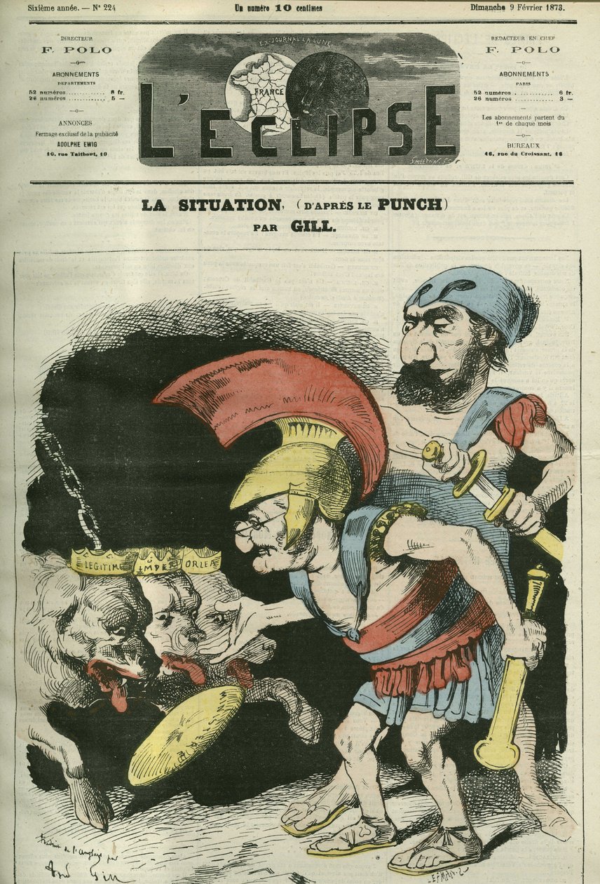Situationen, tegneserie af Adolphe Thiers (1797-1877) og Leon Gambetta (1838-1882), der giver et ministerium til royalistiske og bonapartistiske hunde. Cover i "" L