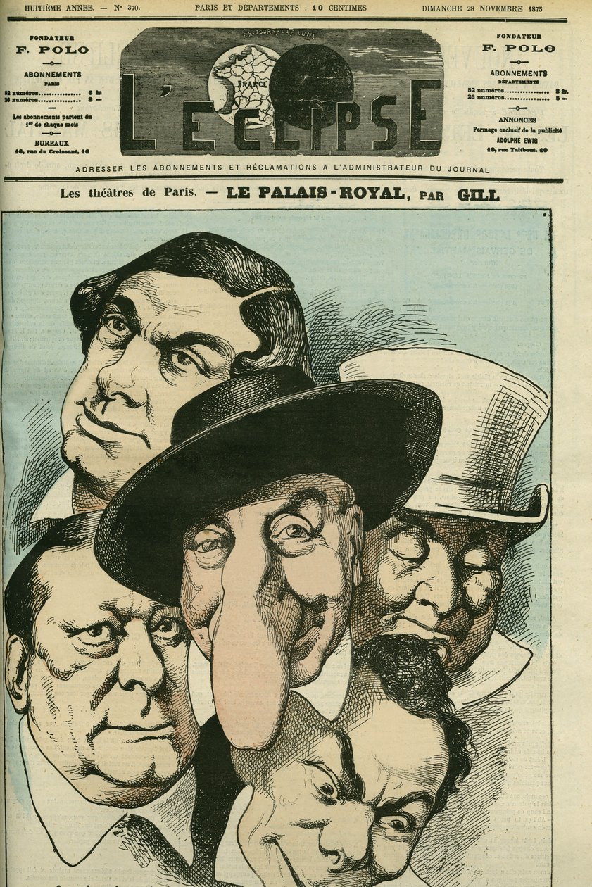 Teatret "" Le Palais royal"" med Geoffroy, Jules Brasseur (1829-1890), Hyacinthe, Lassouche og Lheritier, franske skuespillere. Cover i "" L