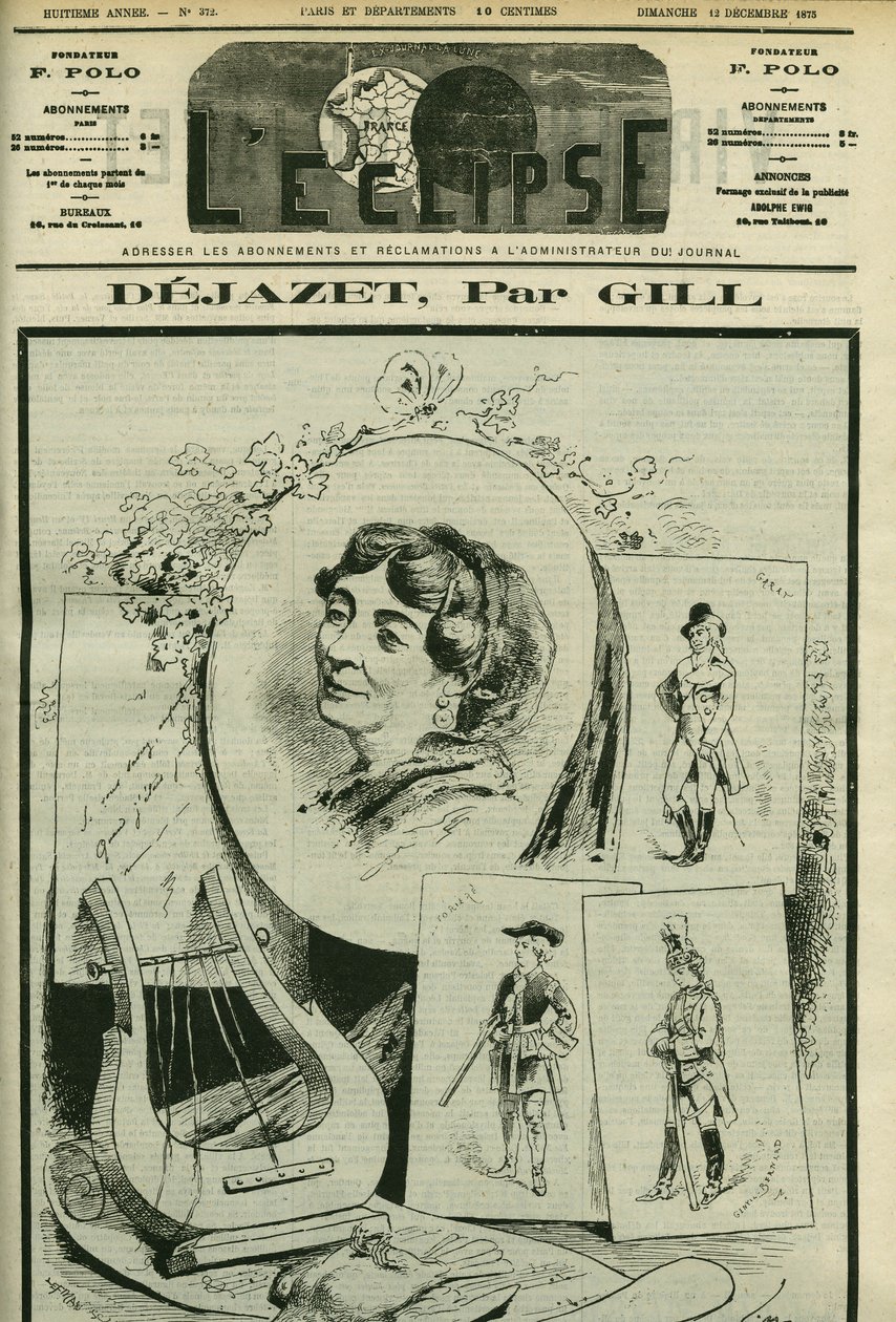 Hyldest og portræt af Virginie Dejazet (1797-1875), opera-komisk sangerinde. Cover i "" L