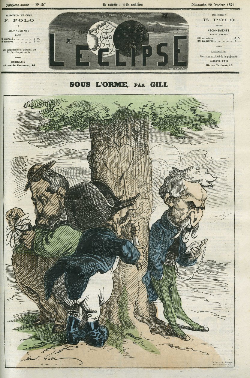 Under elmen venter Napoleon III, Emile Ollivier, disse er hovedaktørerne i Sedans nederlag. Cover i "" L