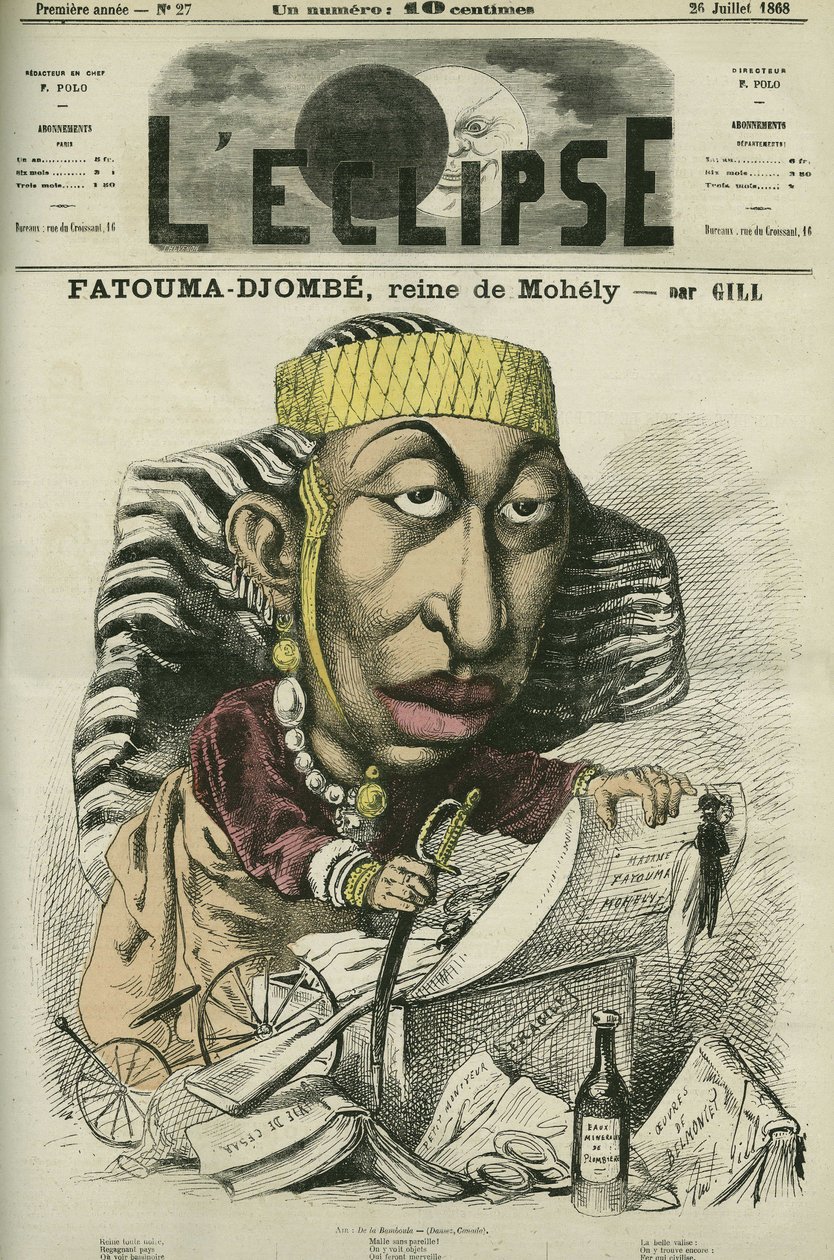 Zombe-Fatoum (Zombe-Fatoum) (1836-1878), dronning af Moheli på Comorerne, på besøg i Frankrig i -Fatima. Cover i "The Eclipse"" af Gill, juli af Andre Gill