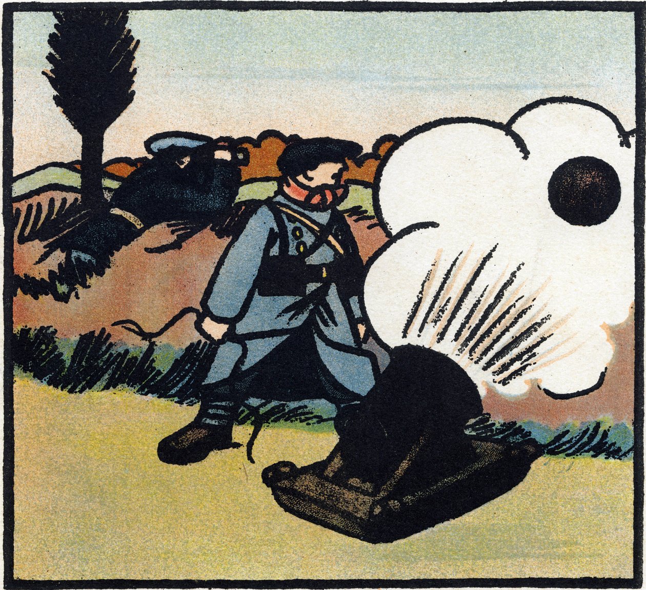 Første Verdenskrig 1914-1918 (14-18): Bombekaster. En fransk soldat sender bomber mod fjenden med en kanon. Gravering i "Alfabetet fra den store krig 1914-1916 (til vores soldaters børn)". Editions Berger-Levrault af Andre Helle