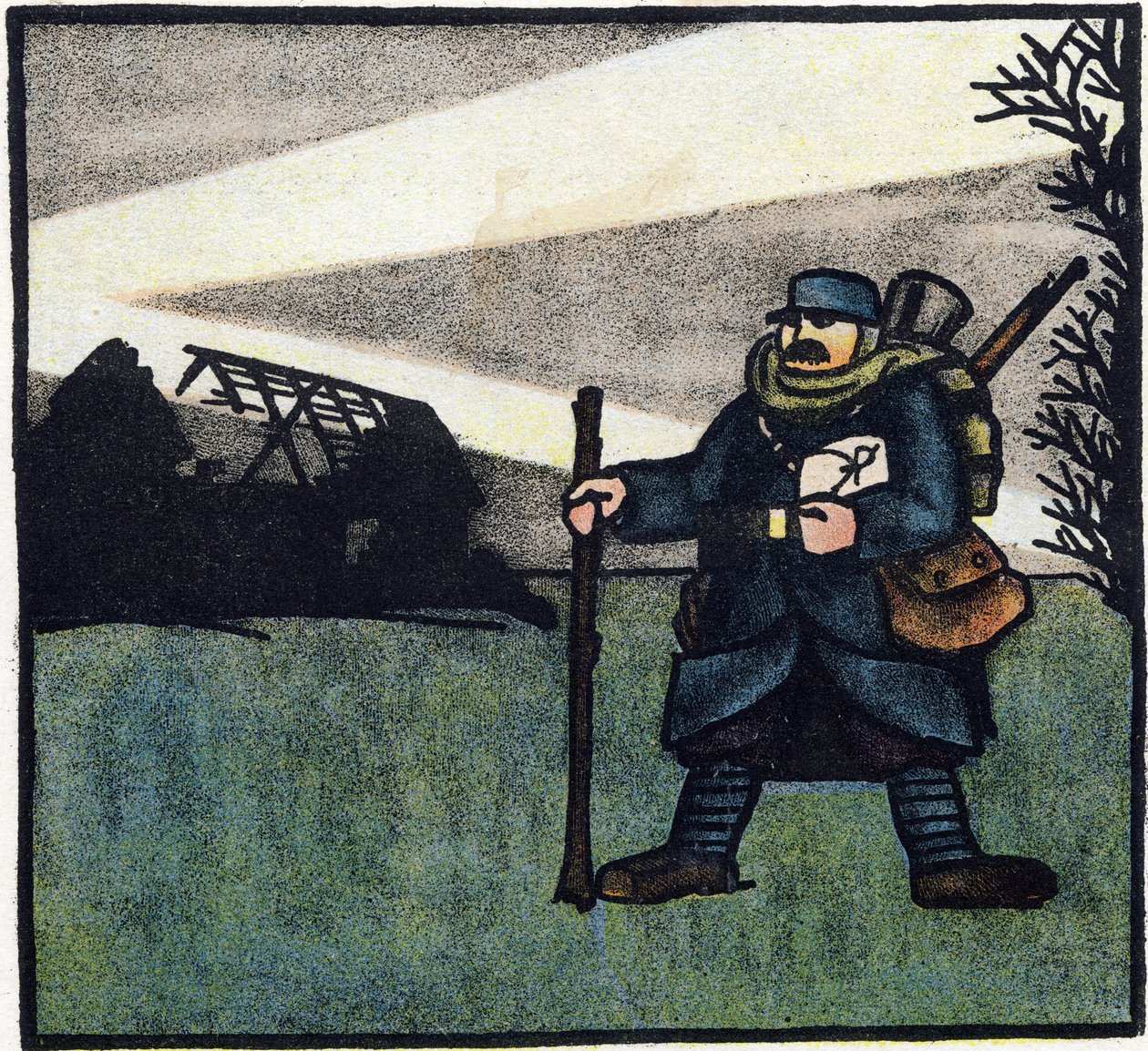 Første Verdenskrig 1914-1918 (14-18): Behåret. Portræt af en fransk soldat i militæruniform med rygsæk, taske og gevær. Gravering i "Alfabetet fra den store krig 1914-1916 (til vores soldaters børn)". Editions Berger-Levrault af Andre Helle