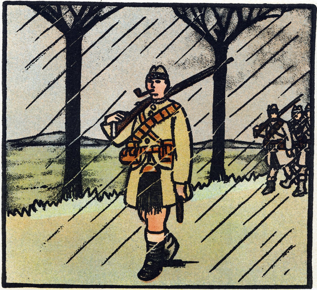 Første Verdenskrig 1914-1918 (14-18): Highlander. Soldaterne fra Skotland kom for at hjælpe den franske hær. Deres militæruniform består af en kilt. Gravering i "Alphabet of the Great War 1914-1916 (for the children of our soldiers)". Editions Berger-L af Andre Helle