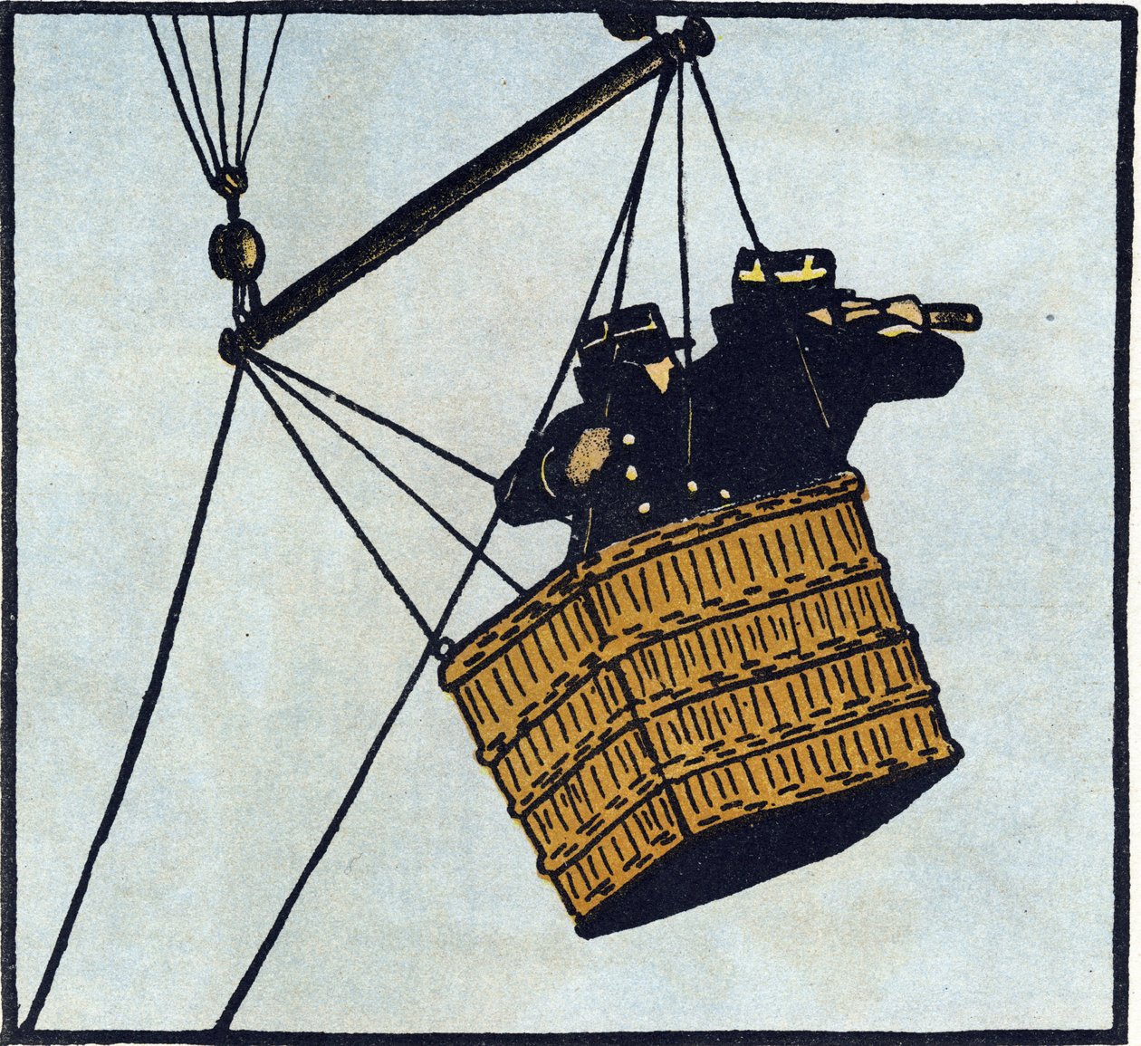 Første Verdenskrig 1914-1918 (14-18): Observatører (observationspost) fra den franske hær i en fangenskabsballon forsøger at få øje på fjenden. Gravering i "Alphabet of the Great War 1914-1916 (for the children of our soldiers)". Forlaget Berger-Levrault af Andre Helle