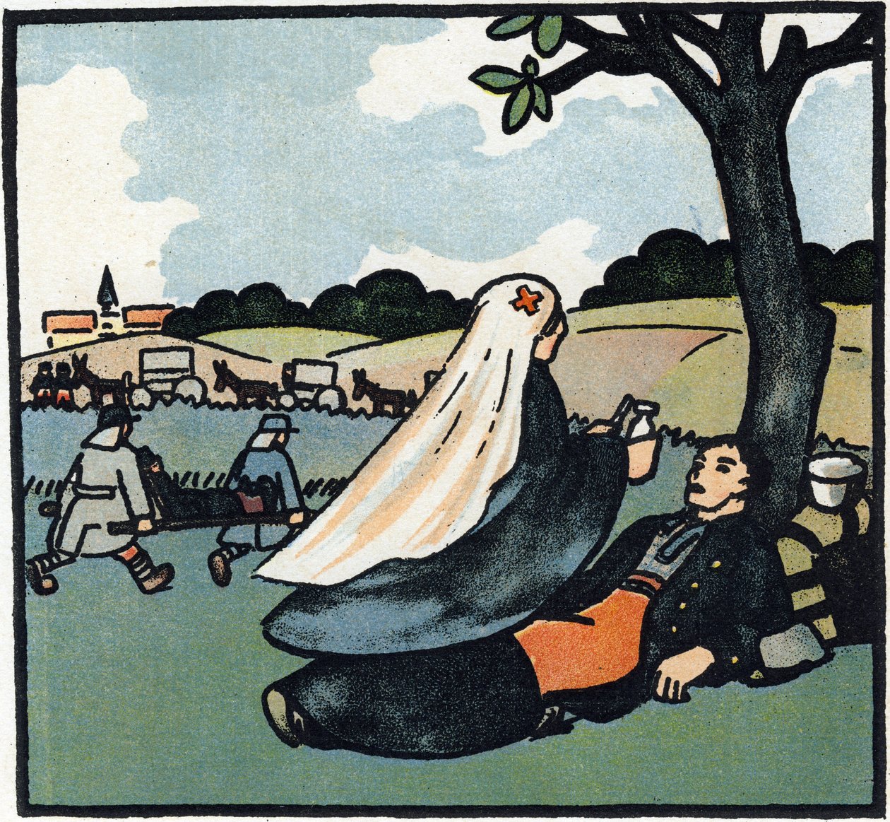 Første Verdenskrig 1914-1918 (14-18): Røde Kors-sygeplejerske kommer for at pleje soldater helt ud til slagmarkerne. Gravering i "Alfabetet fra den store krig 1914-1916 (for vores soldaters børn)". Forlaget Berger-Levrault af Andre Helle