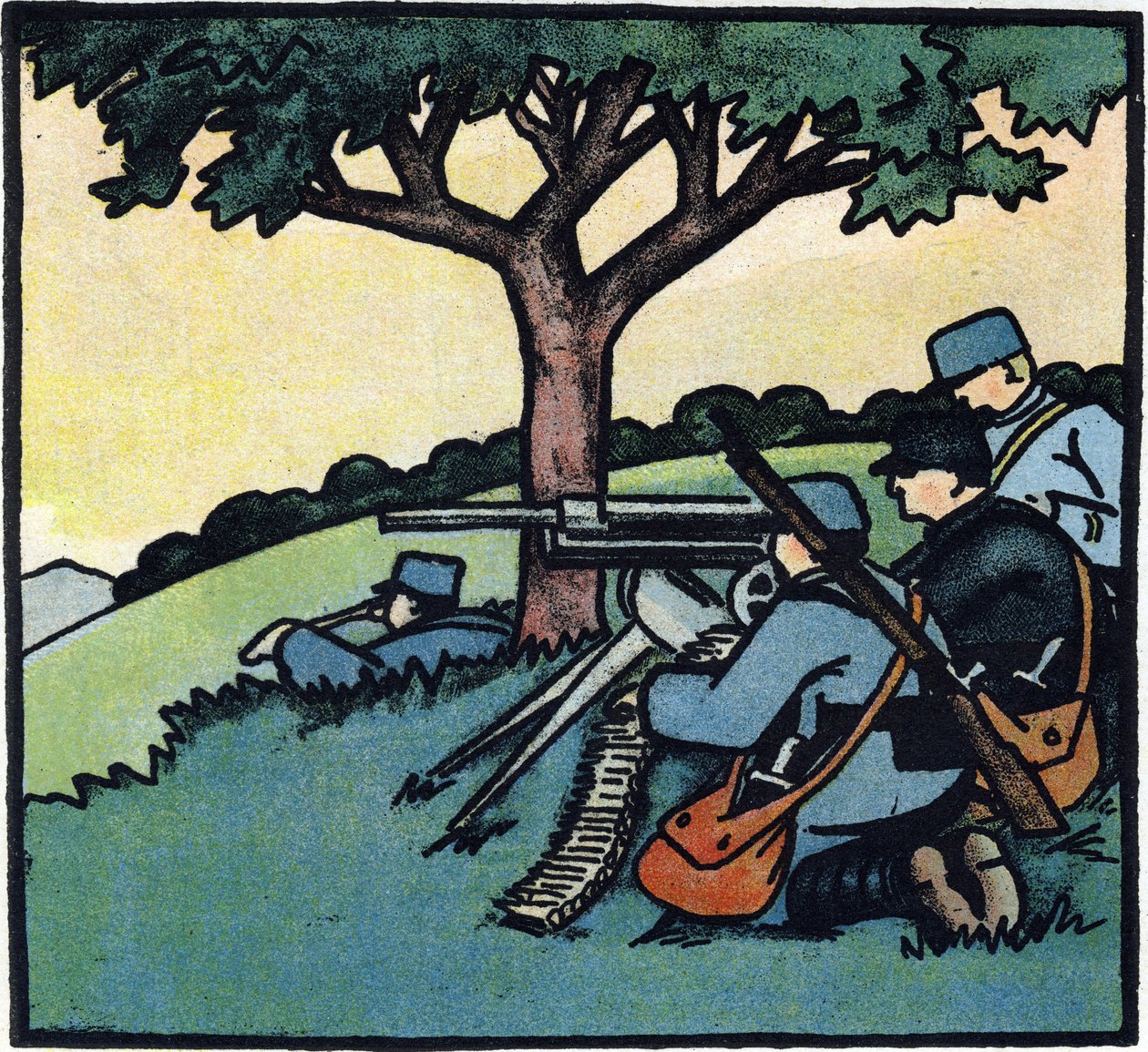 Første Verdenskrig 1914-1918 (14-18): Soldater fra den franske hær bruger maskingeværer på slagmarken. Gravering i "Alfabetet fra den store krig 1914-1916 (til vores soldaters børn)". Forlaget Berger-Levrault af Andre Helle