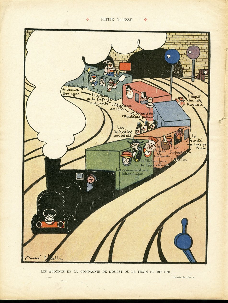 Illustration af Andre Helle (1875-1945) i Le Rire, 25/01/08 - Lille hastighed - Transport, Tog Jernbane, Western Company af Andre Helle