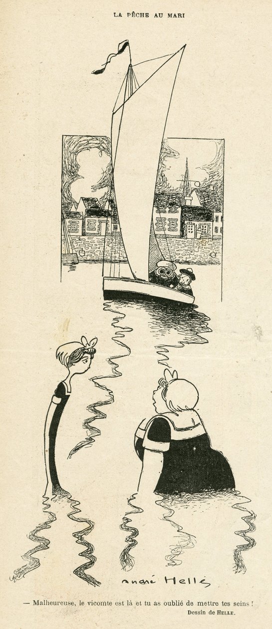 Illustration af Andre Helle (1875-1945) i Le Rire, 03/09/10 - La peche au Mari - Fritid, Kærlighed, Maritime Marine Marine Seaside, Obeite, Yachting af Andre Helle