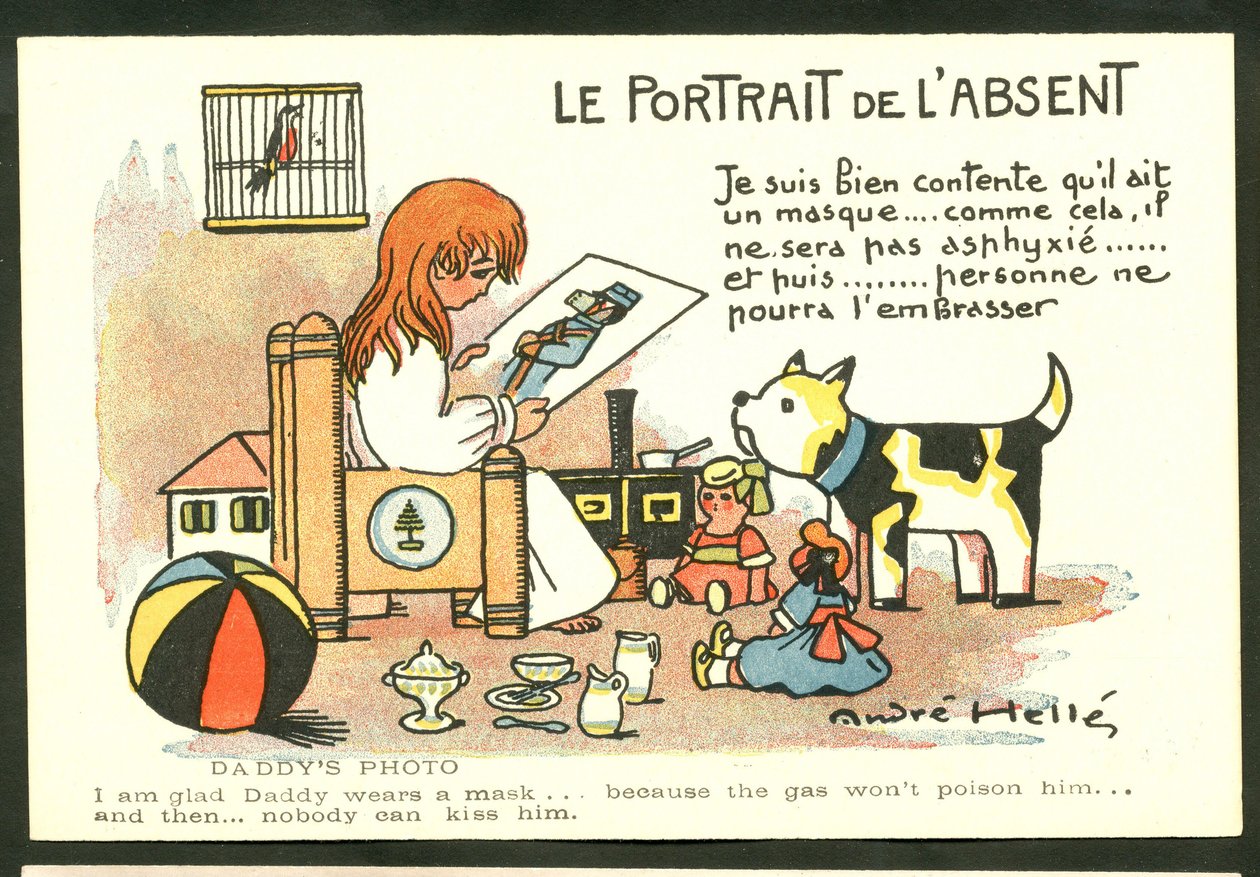Postkort, Farvesatirisk: Portrættet af den fraværende - Krigen 14-18, Barndomsillustration af Andre Helle (1875-1945) af Andre Helle