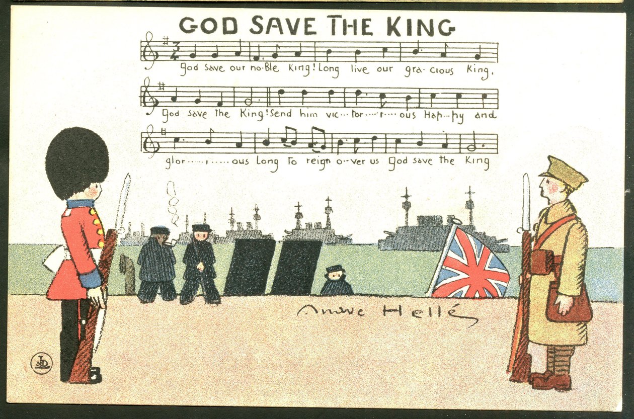 Postkort, satirisk i farver: God save de king - War of 14 -18, England Great Britain, Singing - Soldiers Illustration af Andre Helle (1875-1945) af Andre Helle