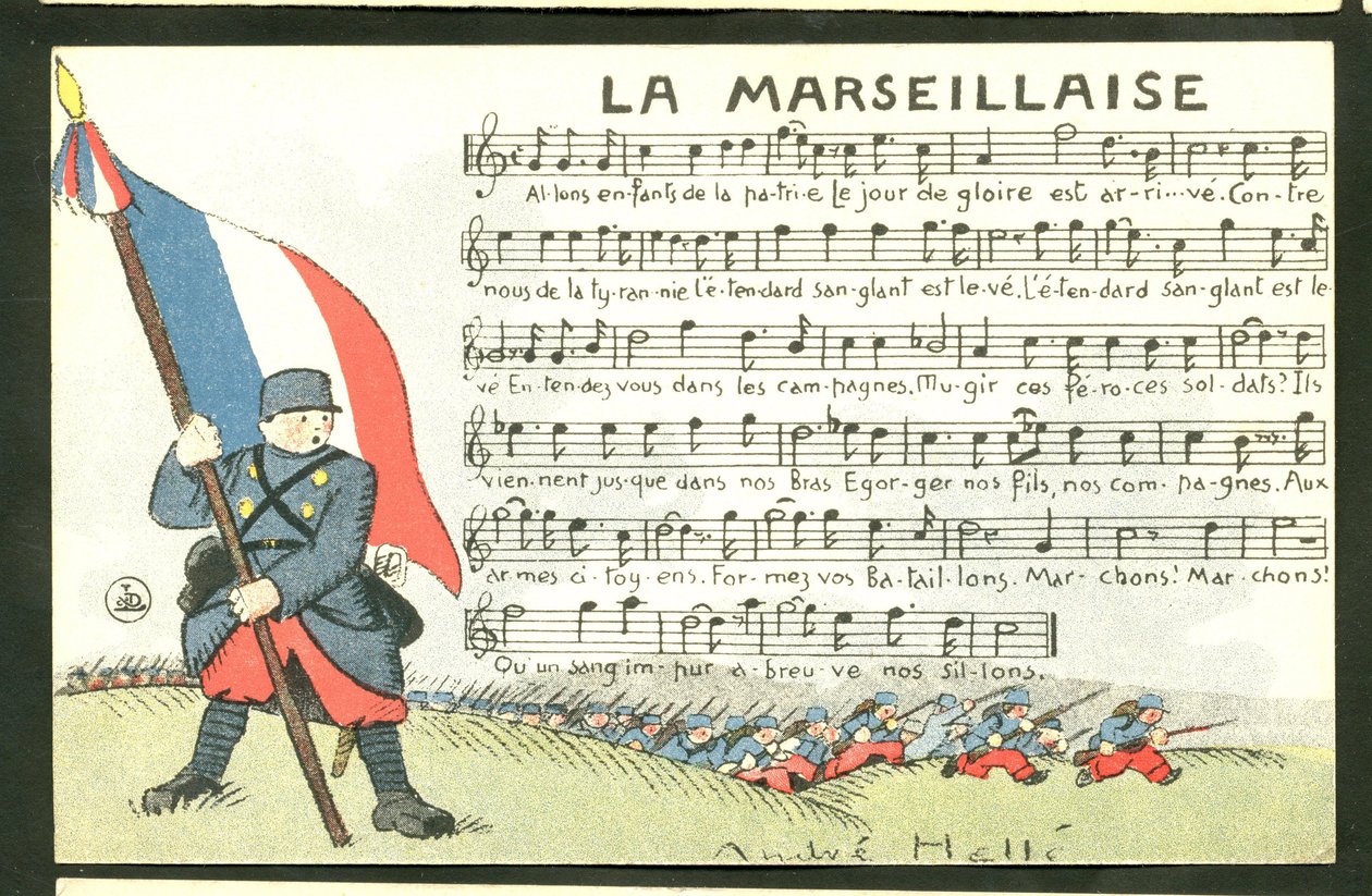 Postkort, satirisk i farver: La Marseillaise - Krigen 14-18, Marseillaisen, syngende illustration af Andre Helle (1875-1945) af Andre Helle
