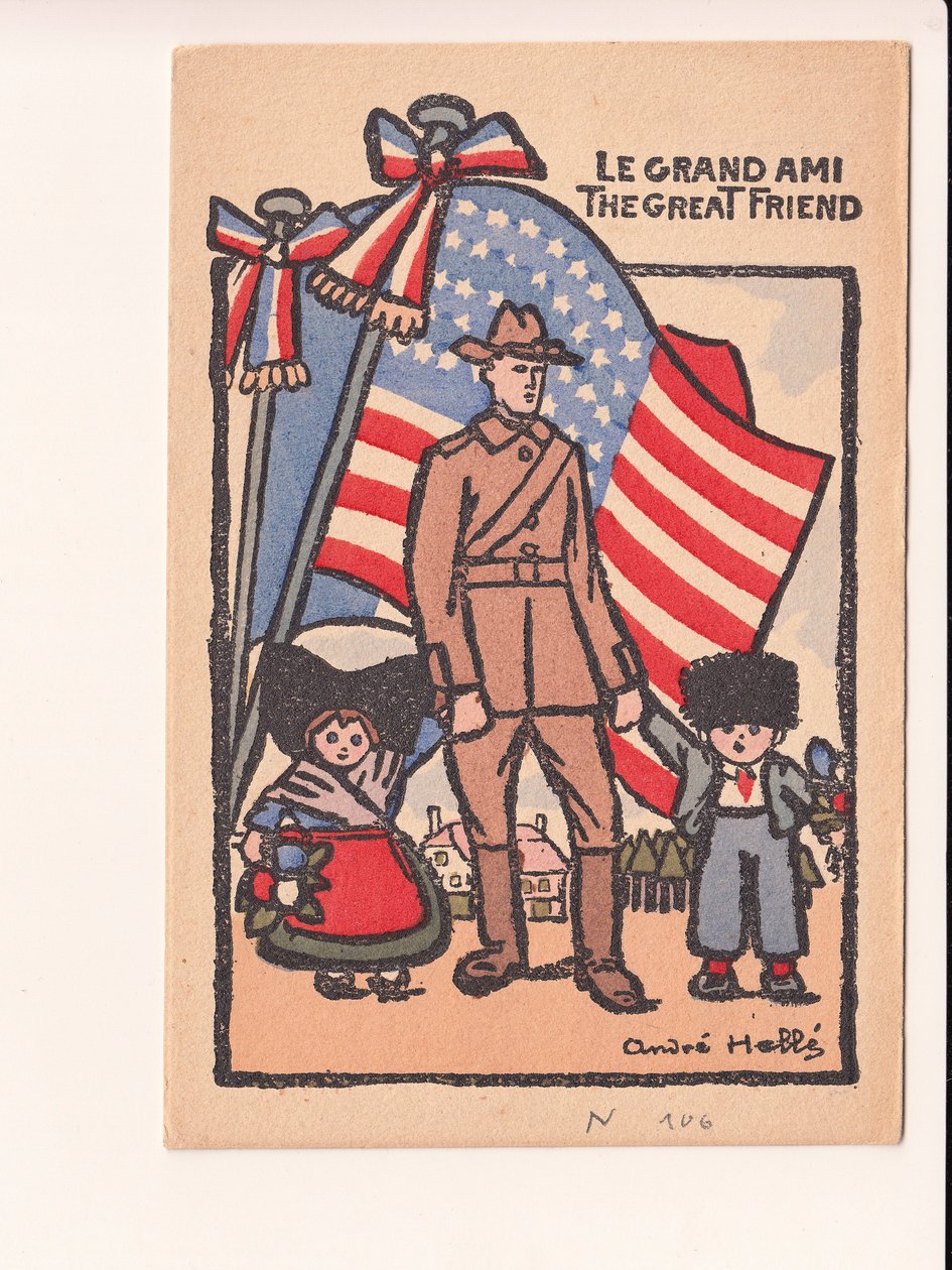 Postkort, satirisk i farver: Le grand ami den store ven - Krigen 14-18, Amerika, Alsace Lorraine Illustration af Andre Helle (1875-1945) af Andre Helle