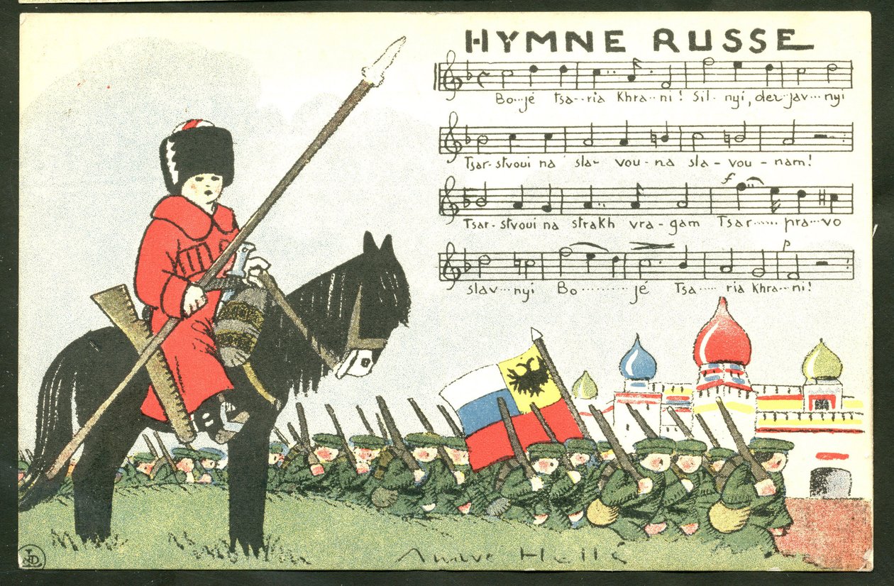 Postkort, satirisk i farver: Russian Anthem - War of 14 -18, Russia, Singing - Soldiers Illustration by Andre Helle (1875-1945) af Andre Helle