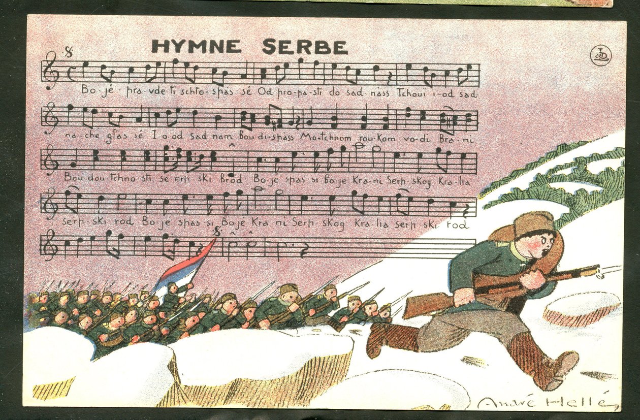 Postkort, satirisk i farver: Serbisk hymne - krigen 14-18, sang, Serbien - soldater Illustration af Andre Helle (1875-1945) af Andre Helle