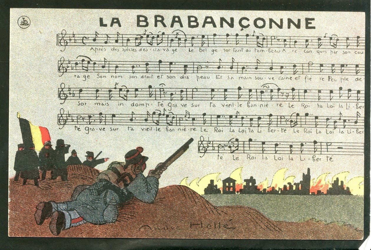 Postkort, satirisk i farver, ca. 1915: La brabanconne - Krigen 14-18, Belgien, Chant - Soldater Illustration af Andre Helle (1875-1945) af Andre Helle