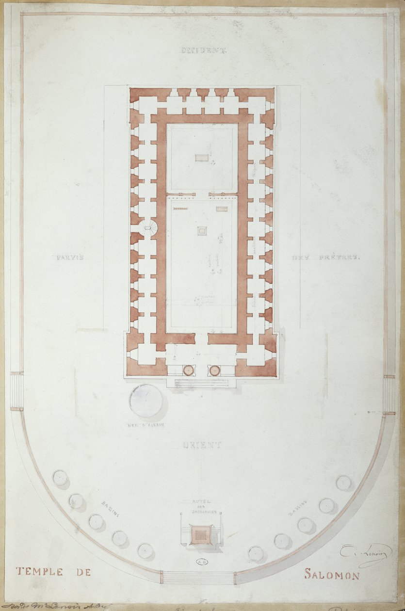 Plan over Salomons tempel i Jerusalem, midten af det 19. århundrede (blæk og wc på papir) af Andre Lenoir