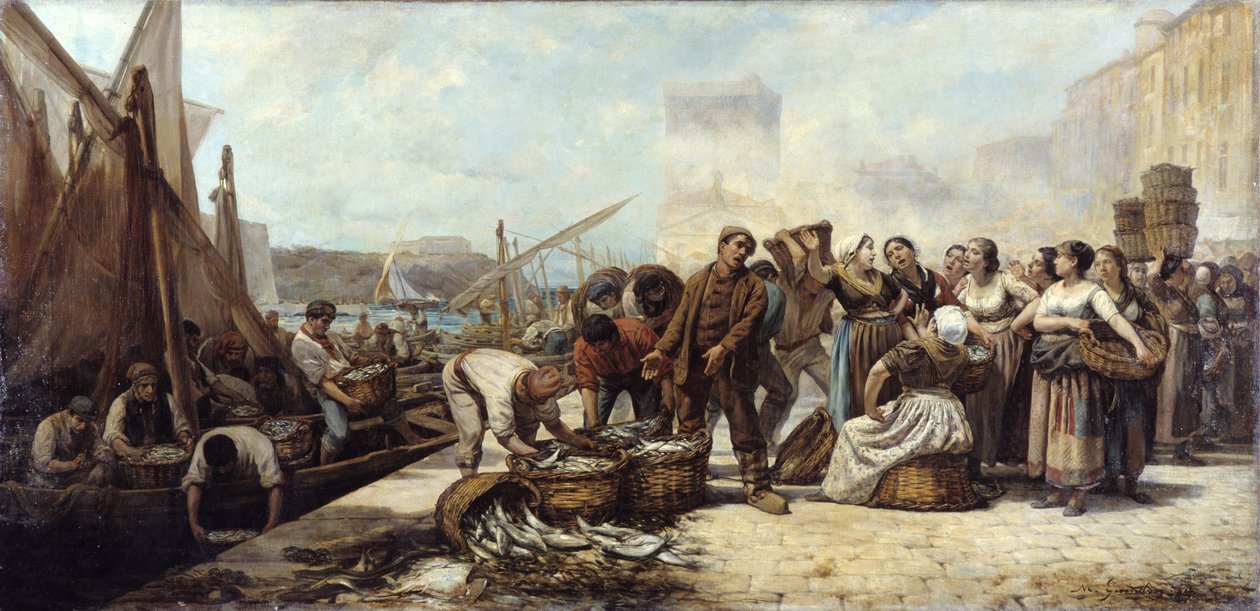 Ankomst af fiskere til den gamle havn i Marseille af Andre Marius Guindon