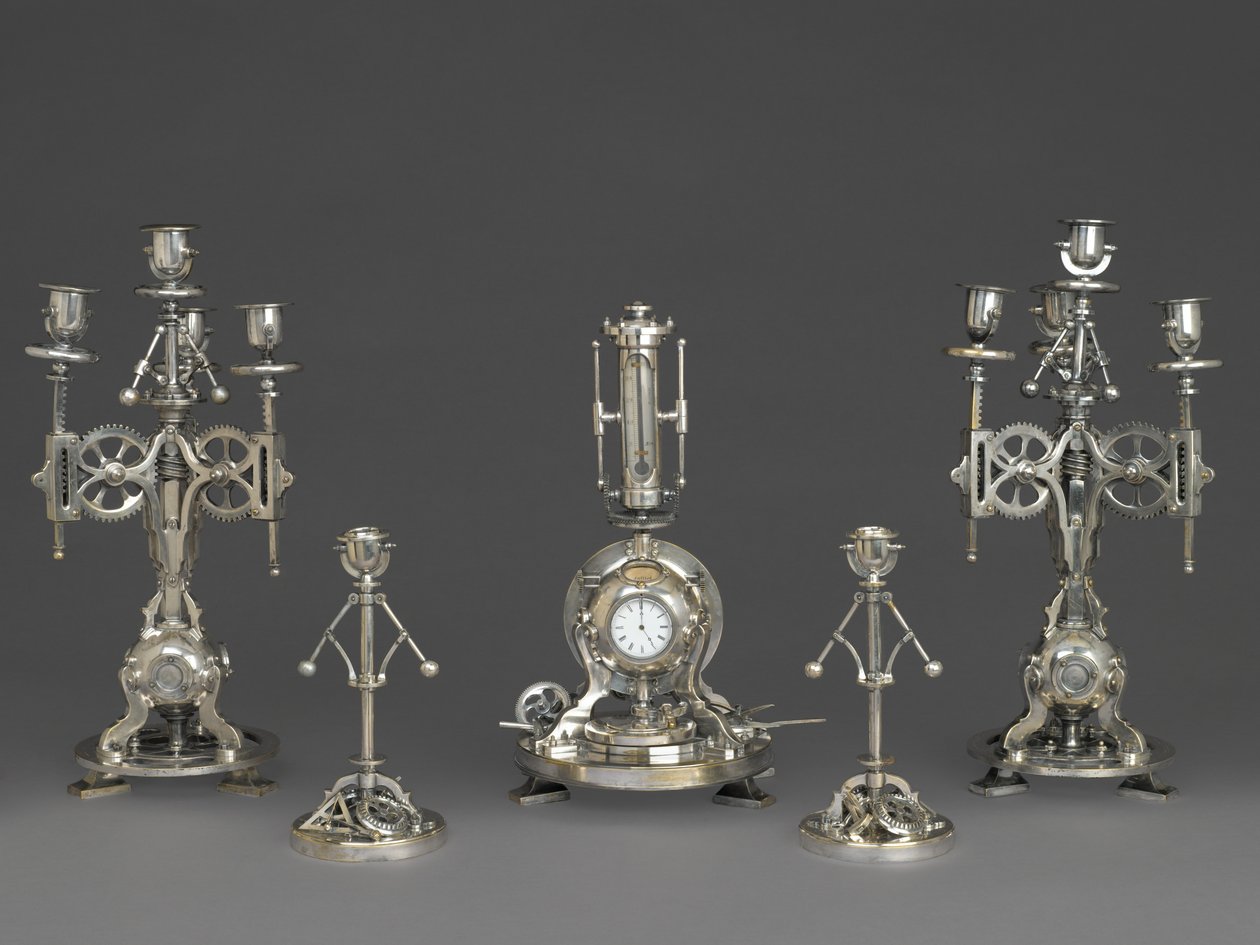 Ur, del af et femstykke urgarniture, ca. 1880 (sølv bronze, glas, papir) af Andre Romain Guilmet