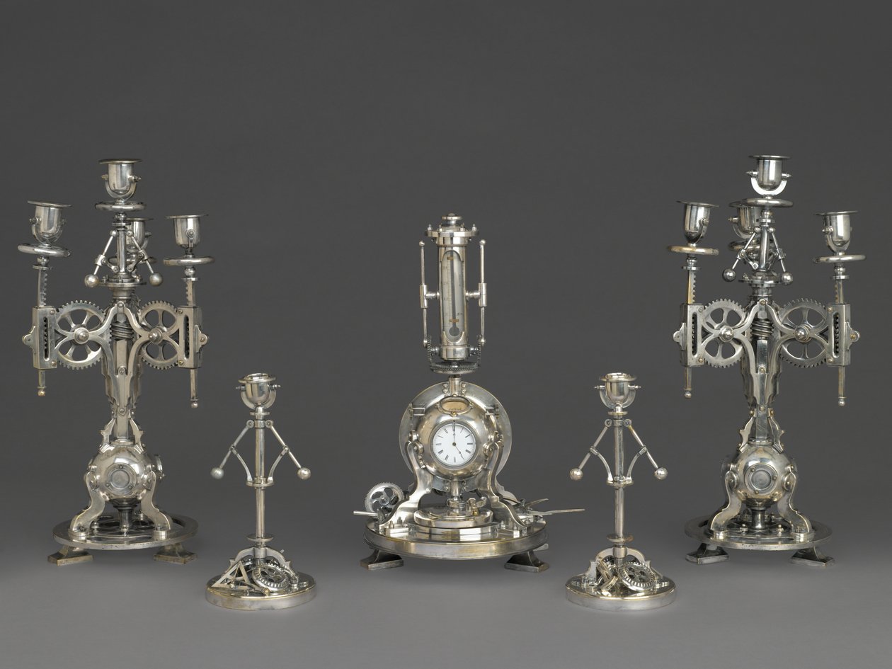 Fem stykke urgarniture, c.1880 (Silvered Bronze, Glass & Paper) af Andre Romain Guilmet