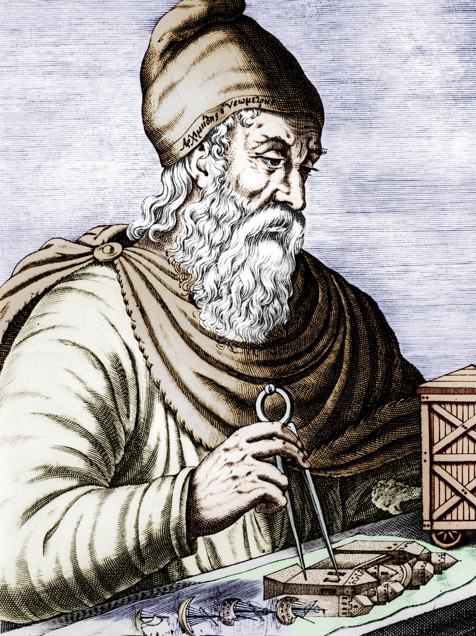 Archimede (287-212 avJC), græsk siciliansk fysiker og matematiker, graverer farvelagt dokument af Andre Thevet