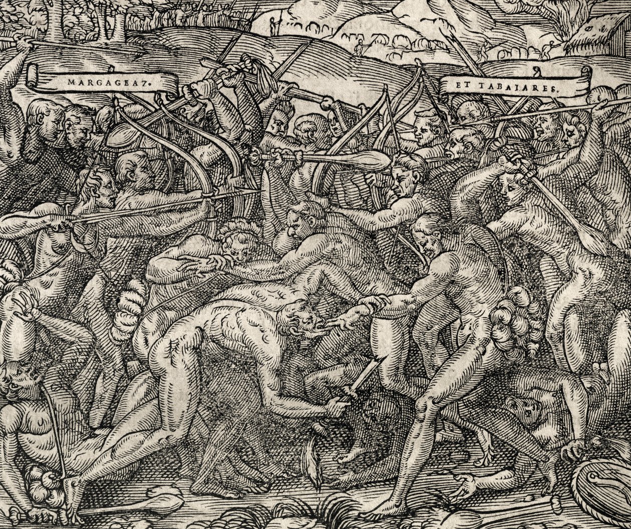 Kamp mellem Margageaz og Tabajares stammer, gravering fra Universal Cosmology, af Andre Thevet (1504-1592) af Andre Thevet