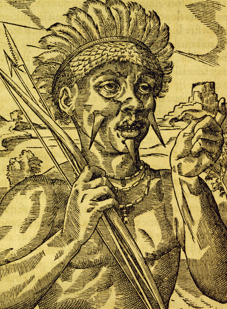 Chef for kannibalstammen, gravering fra Universal Cosmology, af Andre Thevet (1504-1592), Paris af Andre Thevet