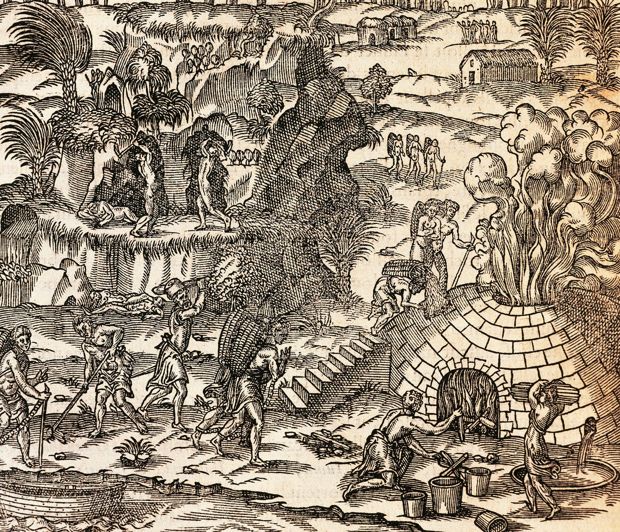 Indiske slaver arbejder i mine i Cuba, Illustration fra Cosmography af Andre Thevet, gravering af Andre Thevet