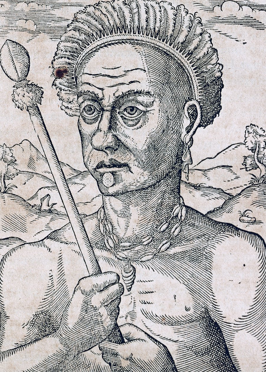 Kong Quoniambec, Brasilien, gravering fra Universal Cosmology, af Andre Thevet (1504-1592), Paris af Andre Thevet