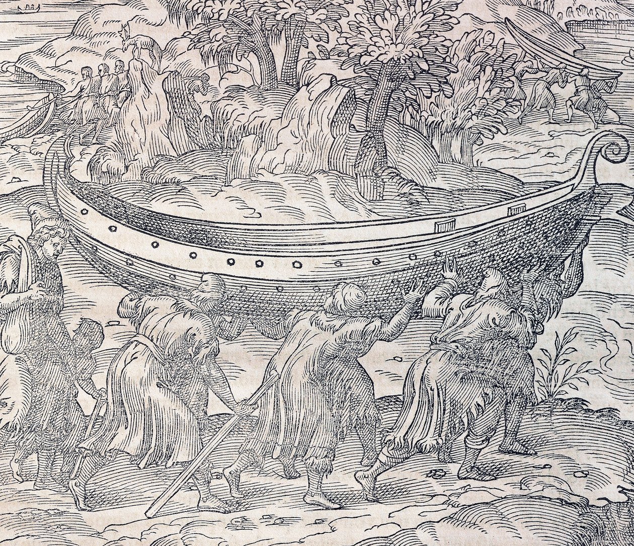 Laplandere, der bærer deres både fra et sted til et andet, gravering fra Universal Cosmology, af Andre Thevet (1504-1592), Paris af Andre Thevet