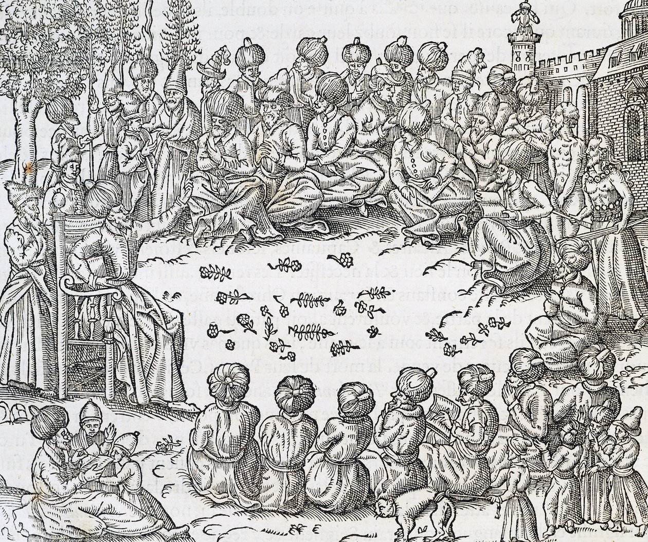 Møde mellem tyrkere og arabere, Marokko, gravering fra Universal Cosmology, af Andre Thevet (1504-1592), Paris af Andre Thevet