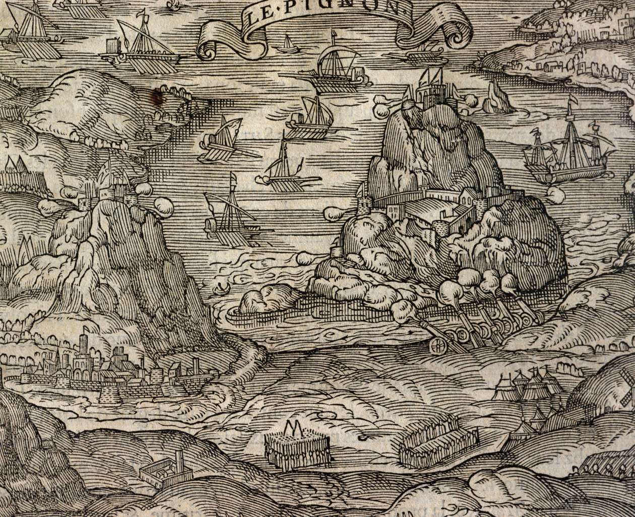 Søslag nær øen Le Pignon, gravering fra Cosmographie universelle, af Andre Thevet (1504-1592), Paris af Andre Thevet