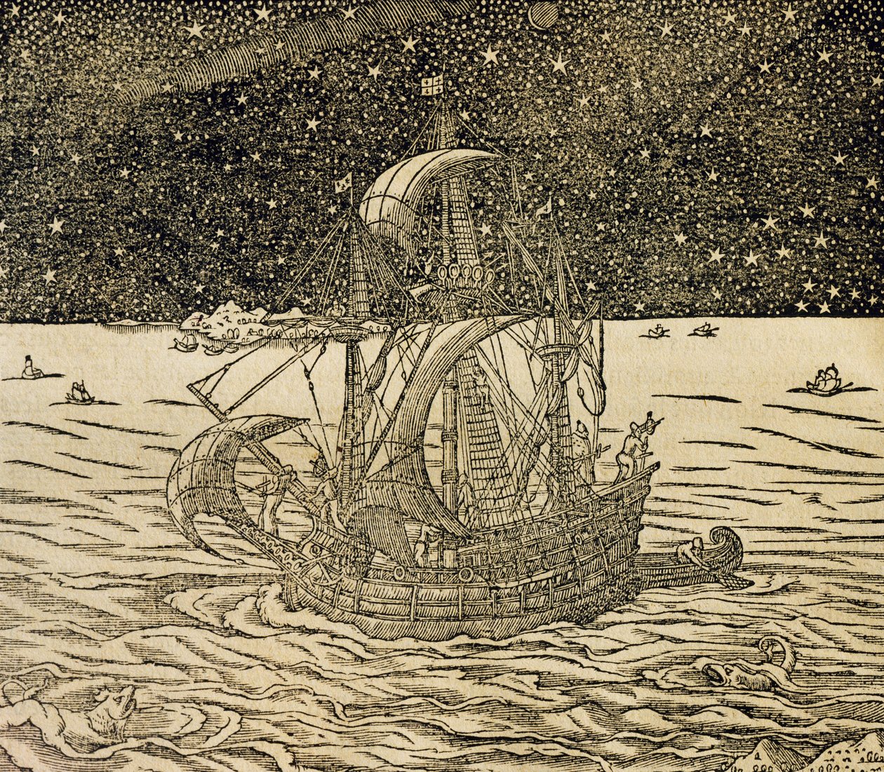 Sømænd følger den nordlige rute, gravering fra Universal Cosmology, af Andre Thevet (1504-1592), Paris af Andre Thevet