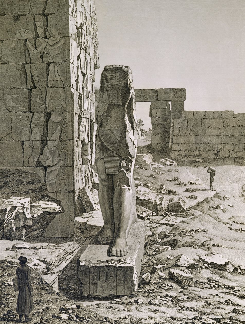 Udsigt over kolossen ved indgangen til hypostilhallerne i paladset i Karnak, Theben, plade 20 fra bind III af 