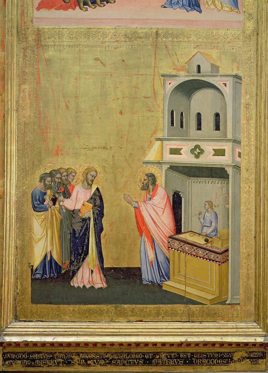 The Calling of St. Matthew, fra altertavlen af St. Matthæus og scener fra hans liv, ca. 1367-70 (tempera på panel) af Jacopo di Cione
