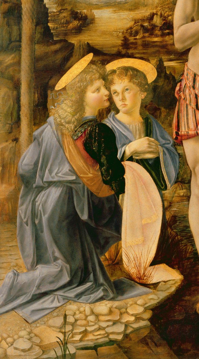 The Baptism of Christ af Johannes Døberen, ca. 1475 (detalje af 362326) af Leonardo da Vinci