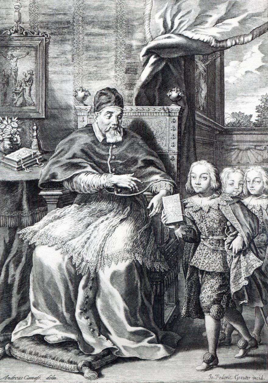 Pave Urban VIII med sine nevøer, graveret af Johann Friedrich Greuter af Andrea Camassei