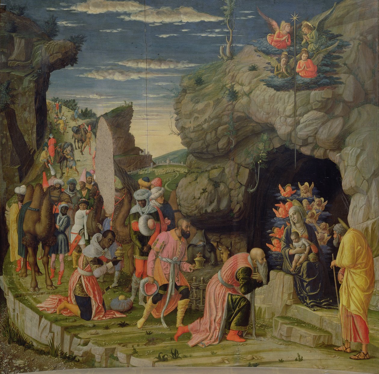 Tilbedelse af Magi, midterpanel fra altertavlen, ca. 1466 (tempera på panel) (se også 50042) af Andrea Mantegna