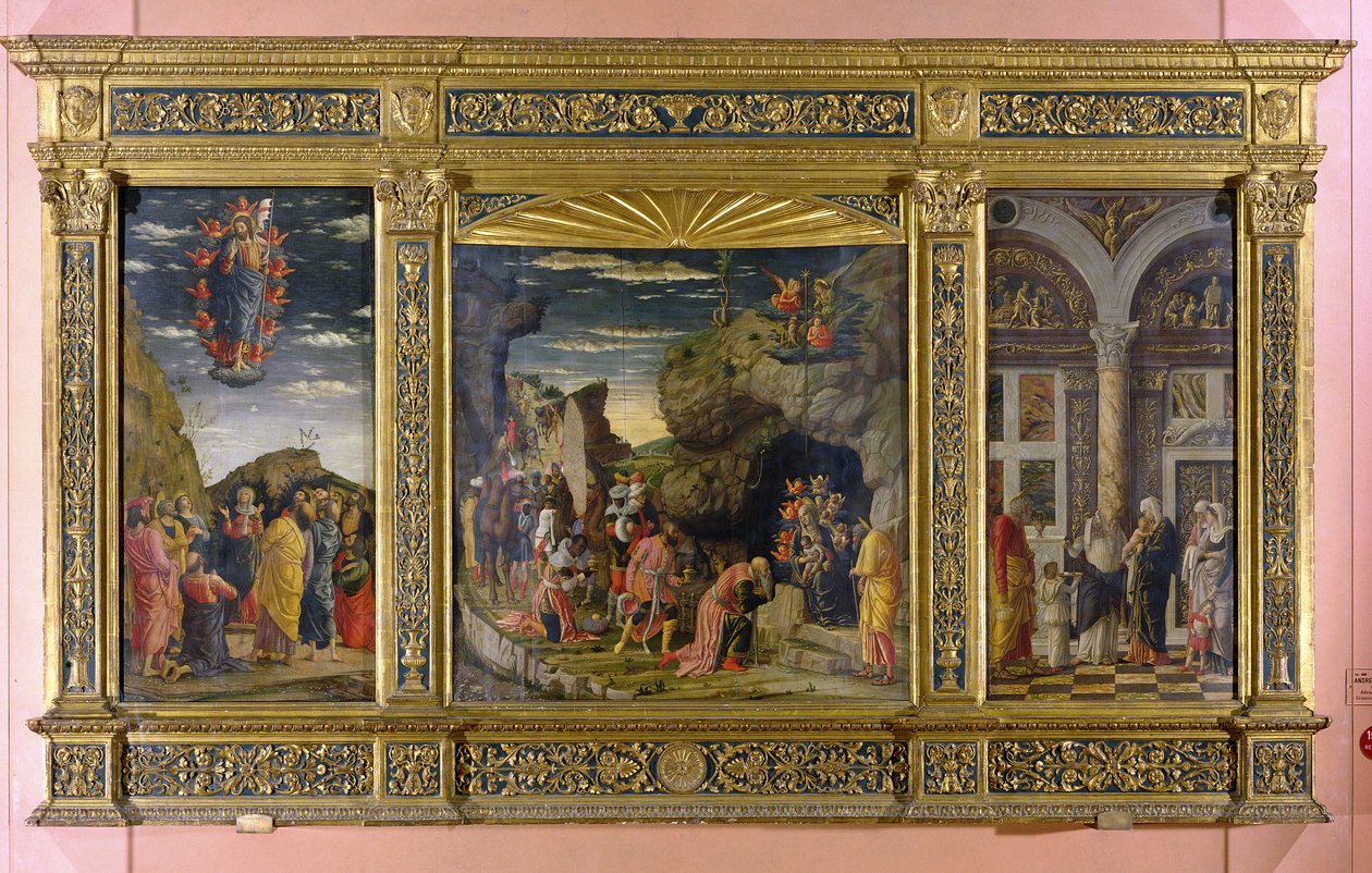 Altertavle, der forestiller himmelfarten, tilbedelsen af magi og omskæring, ca. 1463-64 (tempera på panel) af Andrea Mantegna