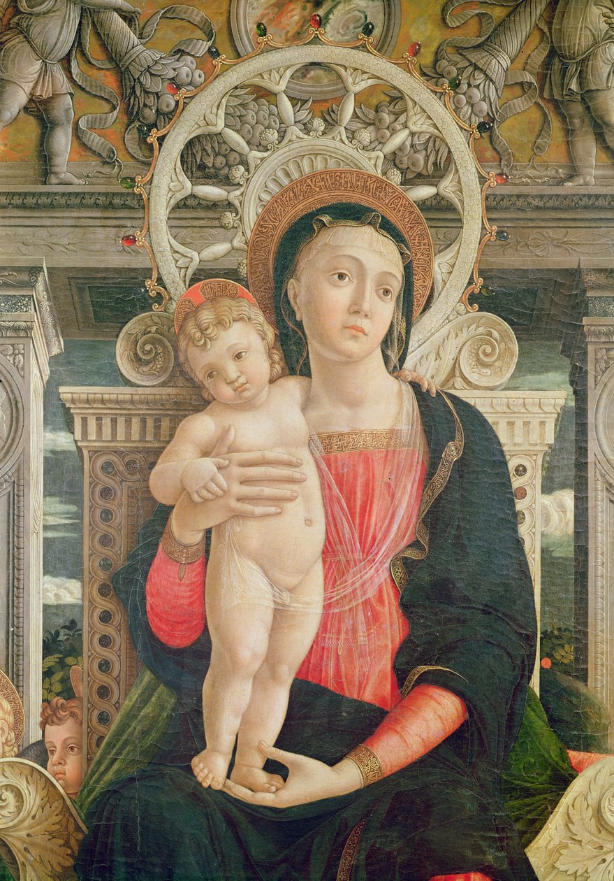 Altertavle af St. Zeno af Verona, detalje af det centrale panel, der forestiller Jomfru- og Kristusbarnet, 1456-60 (detaljer fra 237994) af Andrea Mantegna