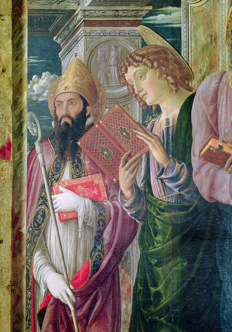Altertavle af Sankt Zeno af Verona, detalje af venstre panel, der forestiller Sankt Johannes Døberen og Sankt Augustin, 1456-60 af Andrea Mantegna