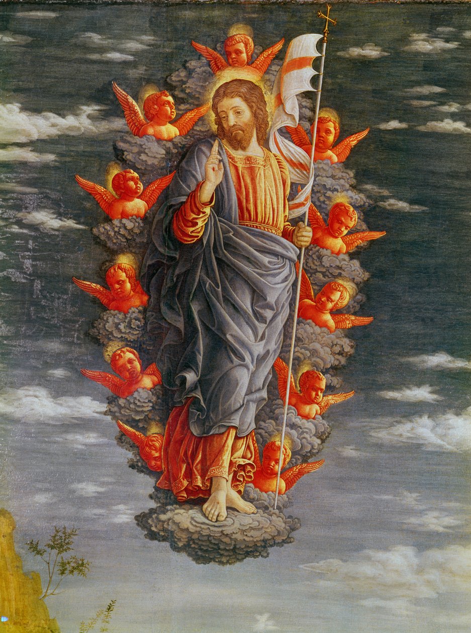 Altertavle af tilbedelsen af Magi venstre panel: Himmelfarten, detalje af Kristus, c.1466 tempera på panelet af Andrea Mantegna