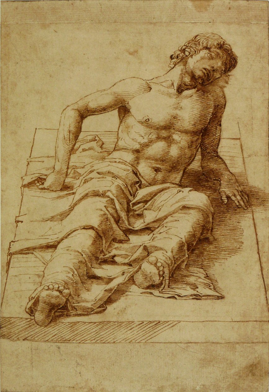 Mand liggende på en stenplade af Andrea Mantegna