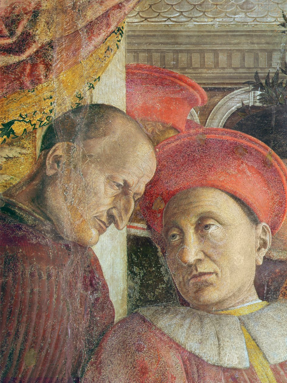 La Camera degli Sposi Brudekammeret. Ludovico II af Gonzaga og hans hofdetalje af Ludovico II og hans sekretær før restaurering, ca. 1466-74 fresco af Andrea Mantegna